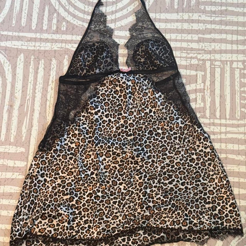 Victorias Secret Leopard Print Lace Halter Top Babydoll Lingerie Chemise Large